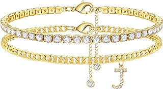 Ankle Bracelets for Women, 14K Gold Plated Layered Cubic Zirconia Tennis Ankle Bracelets Dainty Letter Initial Anklet A-Z Gold Anklets for Women Teen Girls Beach Foot Jewelry Gifts