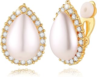 HZMAN Teardrop Pearl Clip on Earring for Women Girl Dainty Cubic Zirconia Rose Gold Plated Non Pierced Imitation Pearl Earrings Party Wedding Jewelry Gift