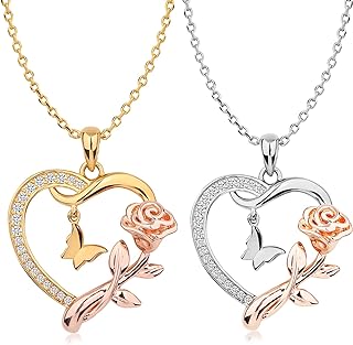 Gold Plated Sterling Silver Heart Pendant Necklace with Cable Chain and Rhinestone Gems for Women, Romantic Rose and Butterfly Design