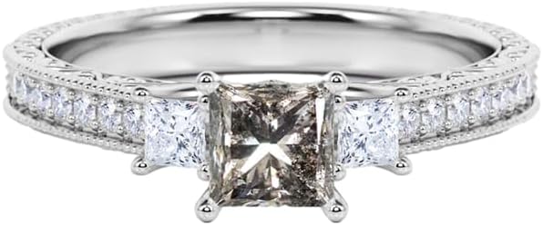 Princess-Cut Salt and Pepper Diamond Engagement Ring for Women, Elegant Three-Stone Design in 10K/14K/18K White Gold or 925 Sterling Silver