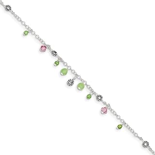 Spring Ring Clasp Green Quartz Peridot Anklet in 925 Sterling Silver with Pink Crystal Design for Women