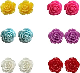 Just Follow 6 Pairs Assorted Colors Resin Rose Flower Earring Studs Set Stainless Steel Post