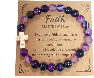 Handmade Natural Stone Beaded Cross Pendant Crucifix Religious Catholic Bracelet Faith Inspirational Elastic Rope Protection Pray Jewelry for Women Girls