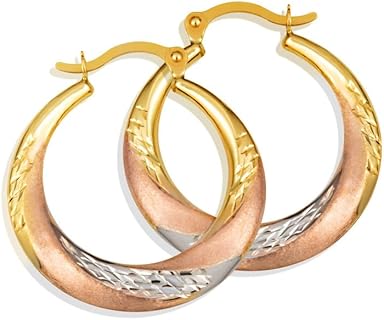 14K Three Tone Gold Sparkle Cut Striped Reversible Hoop Earrings for Women Girls, 2.2mm Thick 20.5mm Diameter