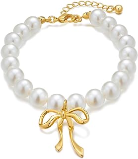 Lobster Claw Clasp, Pearl Charm Bracelet, Gold-Plated Copper Chain, Bow Design for Women