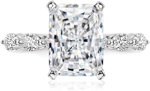 S925 Sterling Silver Engagement Ring with 4ct Radiant Cut Cubic Zirconia for Women - Rhodium Plated Silver Wedding Band