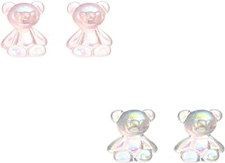 2 Pairs Colorful Gummy Bear Stud Earrings Set Funny Lovely Cartoon 3D Cute Candy Color Transparent Resin Twinkling Bear Animal Kawaii Earrings for Women Teens Girls Birthday Party Fashion Jewelry Gifts