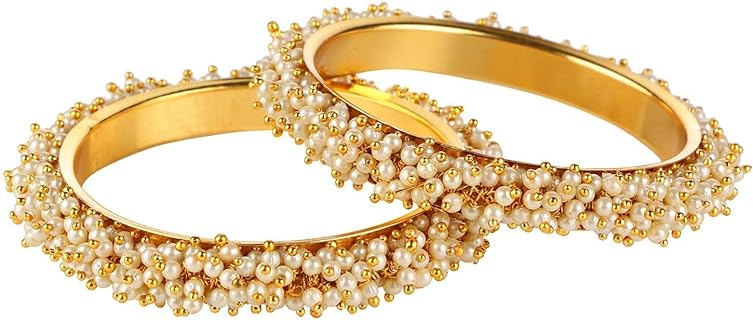 Efulgenz Bollywood Gold Tone Crystal Beaded Bangle Bracelets with S Hook and Bead Chain, Perfect for Women, Traditional Ethnic Design, 2 Piece Set