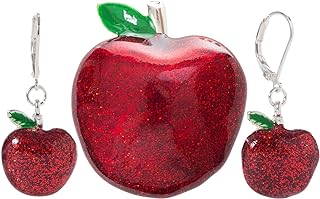 Artisan Owl - Red Apple Glitter Sparkling Enamel Dangle Earrings and Brooch Pendant Pin Set