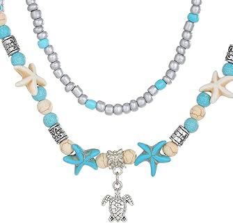 Sea Turtle Necklace Double-Layer Blue Necklace Love Heart Pendant Necklace Beaded Collarbone Chain Starfish Boho Necklace Beads Natural Stone Jewelry Gift for Women Girls Friends