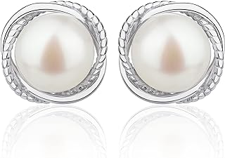 Push-Back Fish Hook Sterling Silver Pearl Stud Earrings with Cubic Zirconia Embellishments for Women - Handpicked 7.5-8mm Freshwater Pearl, Flower-Shaped Design - Birthday or Anniversary Gift