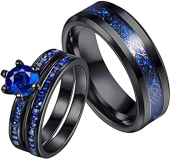 Shark Wedding Ring with Cubic Zirconia for Couples, Black Plated Stainless Steel Bands, Round Cut Blue Crystal Design