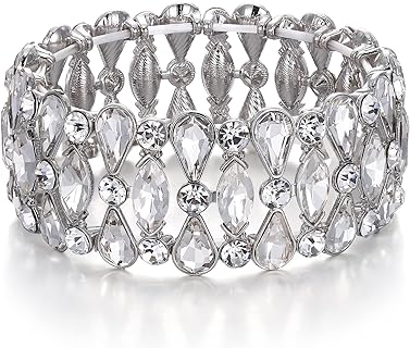 No-Clasp Crystal Strand Bangle Bracelet with Teardrop Rhinestone Cluster Design for Brides
