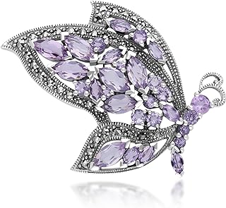 Gemondo USA 925 Sterling Silver Marquise Amethyst & Marcasite Flying Butterfly Brooch