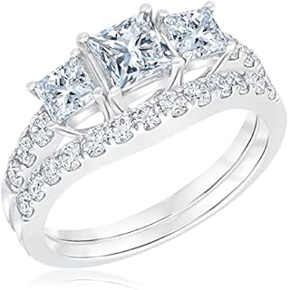 2 Carat 3 Stone Princess cut Bridal Set Moissanite Engagement Rings for Women Platinum Plated Silver Princess Moissanite Rings