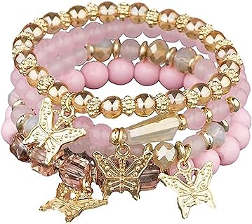 4 Pcs Cute Butterfly Charm Bracelets Set Gold Beaded Stackable Stretch Bracelets Bohemian Summer Jewelry Gifts for Teen Girls