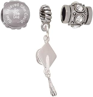 Graduation Hat & Tassel She Believed She Could So She Did Charm Bracelet - Enamel, Crystal Base Metal with Stainless Steel Engraving
