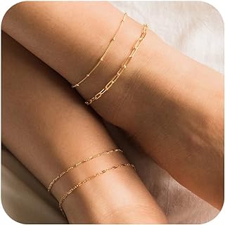 Dainty Brass Anklet by Freekiss, Waterproof, Adjustable Size for Women, Layered Figaro Beaded Cuban Link Design - Perfect for Beach Vacations or Daily Wear