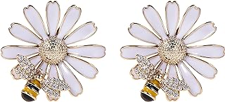 Capwell + Co White Enamel Daisy Flower Bee Stud Earrings with Gold Plating and Crystal Pave Stones - Gift for Women and Girls