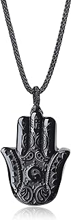 Men's Black Obsidian Pendant Necklace with Hamsa Hand Design & Durable Nylon String