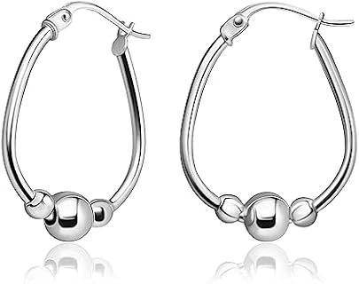 Sea of Ice Sterling Silver Polish Trendy Dangle Drop Beaded Hoop Earrings 18x24mm Oval Round Elegant Sterling Silver Earrings for Women – Nickel-Free Jewelry