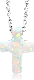 Lobster Clasp Unisex Sterling Silver Cross Pendant Necklace with 12MM White Kyocera Opal on 18" Cable Chain