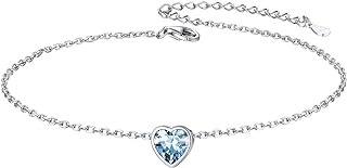 Silvora Sterling Silver Birthstone Heart Anklet with Lobster Claw Clasp and Box Chain for Women & Teens, Adjustable Size