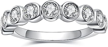 Bezel Wedding Ring with Moissanite Gem in Round Design for Women and Men, 0.9cttw D-Color VVS1 Diamond, 18K White Gold Plated 925 Sterling Silver