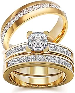 Two Rings His Hers Couples Rings Women's 10k Yellow Gold Filled White CZ Wedding Engagement Ring Bridal Sets & Men's Stainless Steel Wedding Band