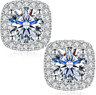 Tunzug 2ct Square Halo Moissanite Stud Earrings with Screw Back, 925 Sterling Silver Featuring Brilliant Round Cut D Color Clear Moissanite Diamond Design