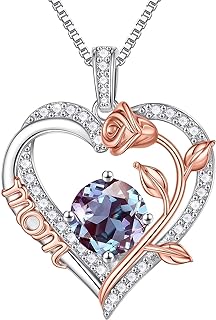 Spring Ring Clasp Mom Pendant Necklace with Cable Chain & Created Alexandrite - Sterling Silver Rose Round Design for Moms & Mothers-in-Law