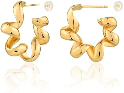 Chunky Open Hoop Earrings for Women 14K Gold Plated Sterling Silver Post Twisted Rope Braided Thick Hoops Earring Hypoallergenic Gold Jewelry Gifts