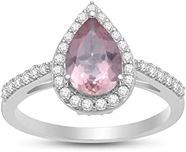 Jewelili Sterling Silver 9x6 MM Pear Cut Morganite and Round Created White Sapphire Engagement Ring