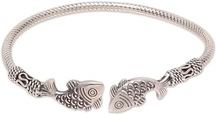 NOVICA Artisan Handmade No-Clasp Sterling Silver Fish Cuff Bracelet with Box Chain Design - Originates from India, Animal-Themed, 7.75"L x 0.4"W