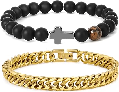 316L Stainless Steel Cuban Link Chain and Cross Beaded Bracelet Set with Lobster and U-Shaped Buckle for Men – Timeless Design in Silver, Gold, and Black