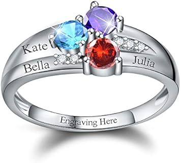 Personalized Mother Rings 925 Sterling Silver 14K Gold Plated halo Gemstone rings with 3 Birthstones 3 Names and 1 Engraving Customized Wedding Promise Rings for Women with Box Packing