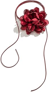 Satin Cable Chain Poppy Choker Necklace for Women and Girls in Wine Red Floral Design