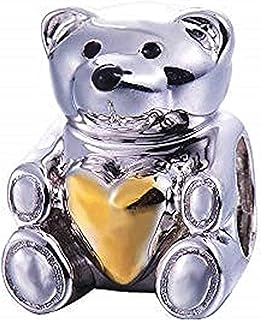 BOLENVI Gold Heart Teddy Bear 925 Sterling Silver Pendant Charm Bead For Pandora & Similar Charm Bracelets or Necklaces