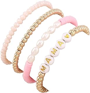 Colorful Mama Elastic Bracelets with Heishi Gem and Other-Clasp Type - Bead Chain Alloy Bracelets for Women and Girls - Rainbow Boho Jewelry with Clay Discs