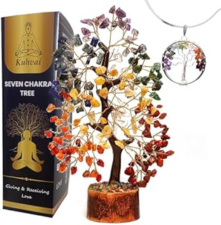Kuhvai's Seven Chakra Tree of Life Crystal Necklace in Gold Wire with Pendant for Energy Healing - Featuring Feng Shui Wood Design