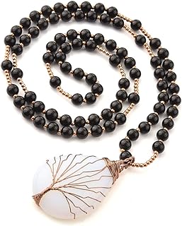 PESOENTH Amethyst Crystal Tree of Life Pendant Necklace Women Purple Mala Beads Yoga Meditation Prayer Natural Gemstone Healing Chakra Long Necklace Jewelry Gifts for Men