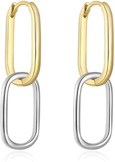 14K Two Tone Gold and Silver Earrings Double Hoop Mixed Metal Earrings Lightweight Stainless Steel Chain Link Earrings for Women Gold and Silver Jewelry