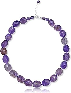 Women's Choker Necklace with Genuine Amethyst Nugget Beads, Stainless Steel Ball Chain & Lobster-claw Clasp - Unique Faceted Nugget Design