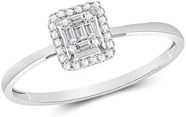 10K Gold, 0.90 Carat, Round & Baguette Cut Natural Diamond Halo Engagement Ring, Prong-Set for Women, I-J Color, I2-I3 Clarity, Ring Size 4