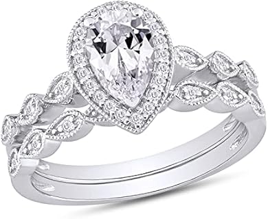 1.16 Carat Moissanite Pear Halo Engagement Ring Set with White Gold Plating for Women - Lab-Created, G-H Color, VVS1 Clarity, Pear & Round Shape Design by SAVEARTH DIAMONDS