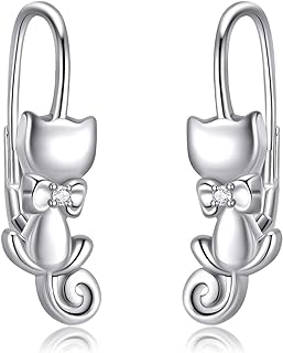 Black Cat Stud Earrings with French Clip Back Finding & Cubic Zirconia for Women or Girls in Sterling Silver