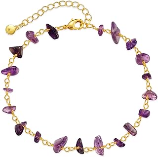 Boho Crystal Anklet for Women Spiritual, Natural Gemstone Ankle Bracelet for Teen Girls, Gold Tone Adjustable Large Ankle Bracelets for Women Plus Size, Amethyst Beaded Chain Anklets for Foot Jewelry