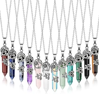 Sureio 12 Pcs Healing Crystal Necklace Hexagonal Healing Crystal Flower Wrapped Crystal Point Pendant Necklace Healing Pendents Natural Quartz Point Necklace with Chain for Women