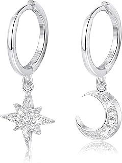 Boucles d'oreilles Adramata en argent 925 hypoallergénique avec pendentif étoile et lune, créoles légères de 9 mm pour oreilles sensibles, idéales pour toutes les femmes