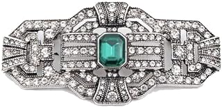 LARGE Antique Vintage Classic Art Deco Style Silver Tone Green Emerald Rhinestone Statement Bridal Wedding Brooch Pin